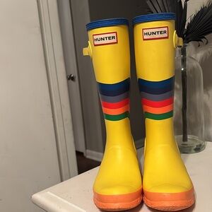 Yellow rainbow rain boots